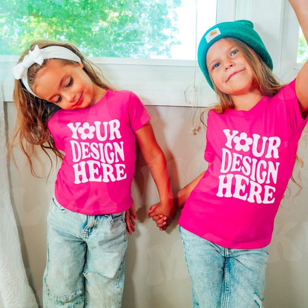 Kids Heliconia T-Shirt Gildan 5000B Mockup | Sibling Sister Friends Family Tee Mockup Models | Childs Pink TShirt Mock up | Group 2 Person