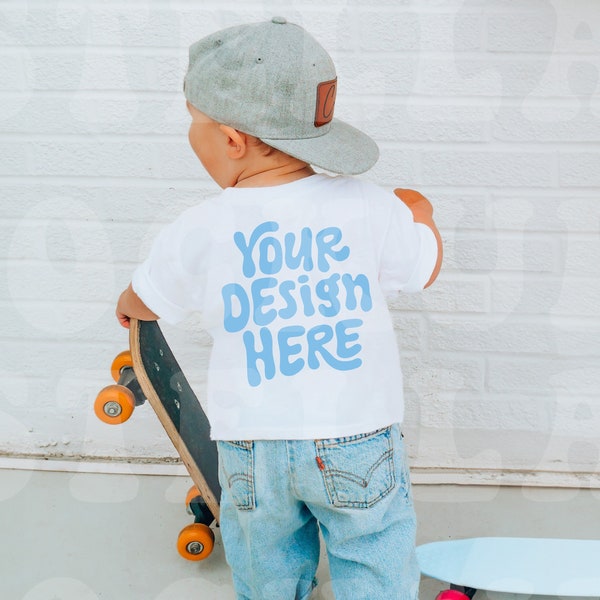 Back Toddler White T-Shirt Mockup Model | Little Boys TShirt Mock up Bella Canvas 3001T |  Trendy Kids Tee Skater Outdoor Summer Baby Boy