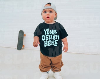 Toddler Black T-Shirt Mockup Model | Bella Canvas 3001T Little Boys TShirt Mock up Trendy Kids Tee Skater Outdoor Summer Baby Boy POD Tee
