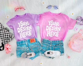 Toddler Rabbit Skins 3321 Lavender & Raspberry Kids Flatlay T-Shirt Mockup Group Multiple Matching TShirt Mock up Girls Flat lay Pink Purple