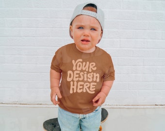 Toddler Coyote Brown T-Shirt Mockup Model | Rabbit Skins 3321 Little Boys TShirt Mock up Trendy Kids Tee Skater Outdoor Summer Baby Boy Tee