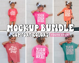 Kids Comfort Colors C9018 Youth T-Shirt Mockup Model Bundle Oversized Girls Outdoor | Seafoam Crunchberry Terracotta Watermelon Cummin