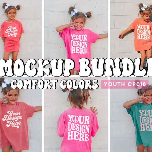 Kids Comfort Colors C9018 Youth T-Shirt Mockup Model Bundle Oversized Girls Outdoor | Seafoam Crunchberry Terracotta Watermelon Cummin