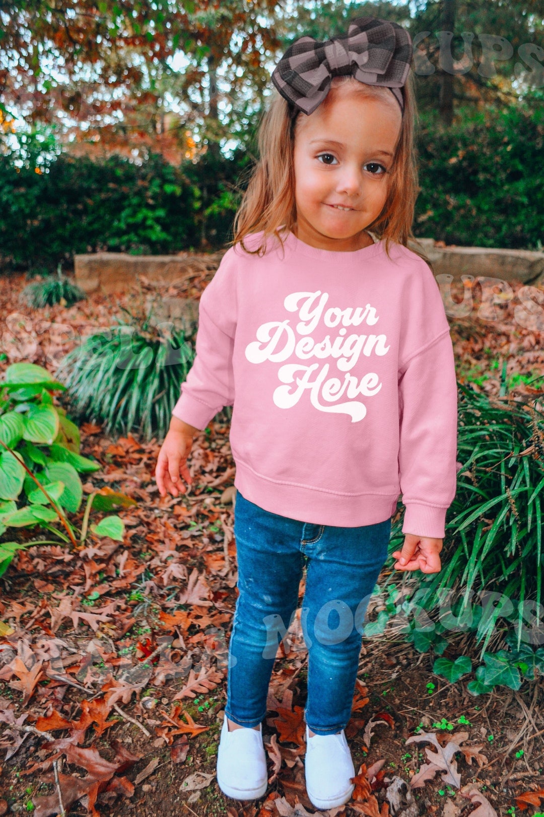 Toddler Pink Crewneck Sweatshirt Mockup Model Kids Pink Crew Neck Mock