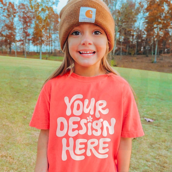 Kids Comfort Colors C9018 Youth Neon Red Orange T-Shirt Mockup Model Toddler Girls Oversized TShirt Childrens SVG Mock up Boho Outdoor Tee