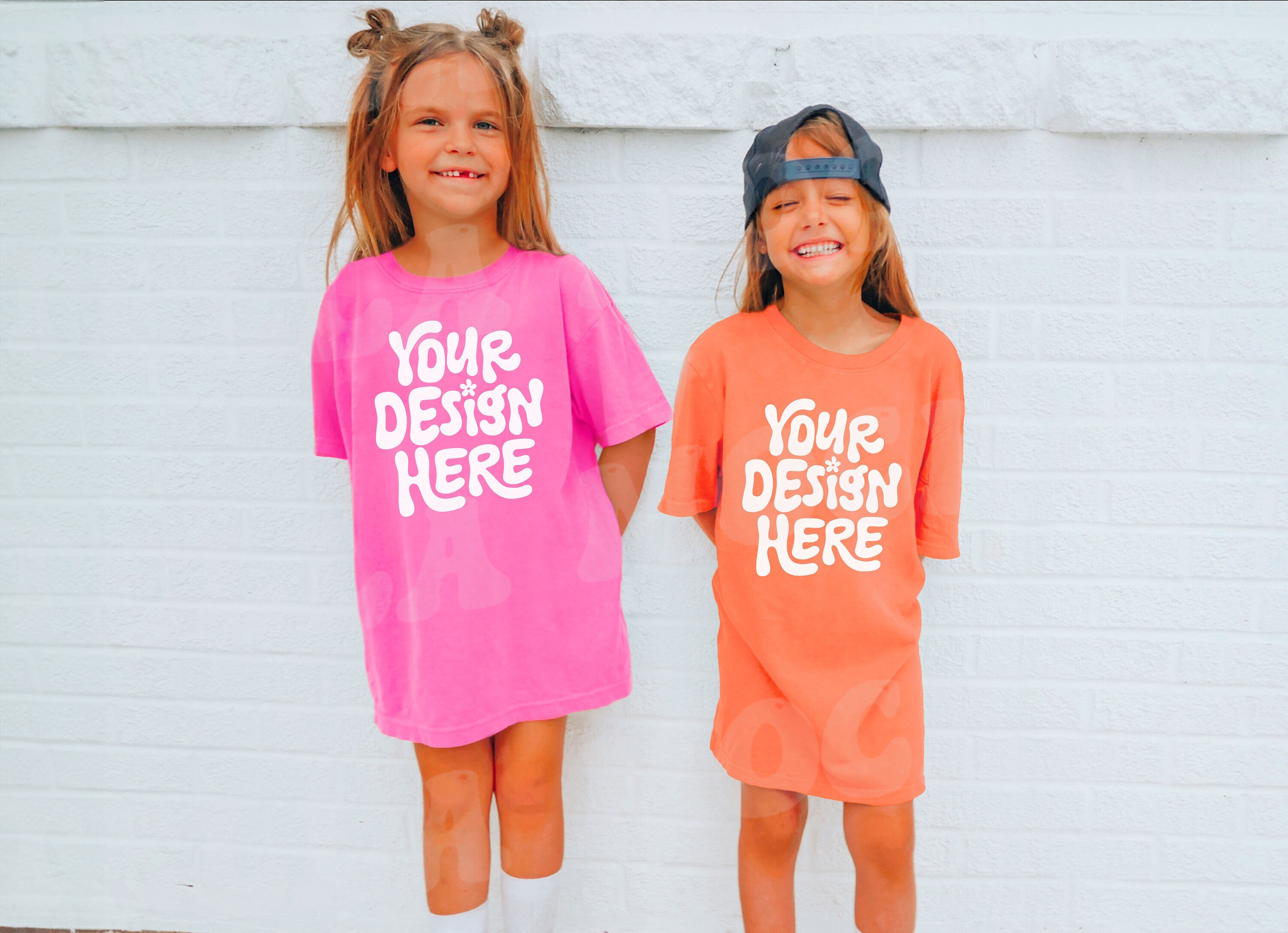 Kids Comfort Colors C9018 T-Shirt Mockup Youth Melon Neon Pink Sibling Model Sister Girls Oversized Pink Orange Tee Mock up Outdoor Blank