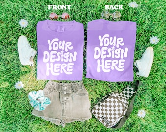 Camiseta infantil confortável cores C9018 frontal e traseira violeta dobrada Flatlay Mockup Group Múltipla combinação Camiseta Grupo Mock up Girls Flat Lay Tee