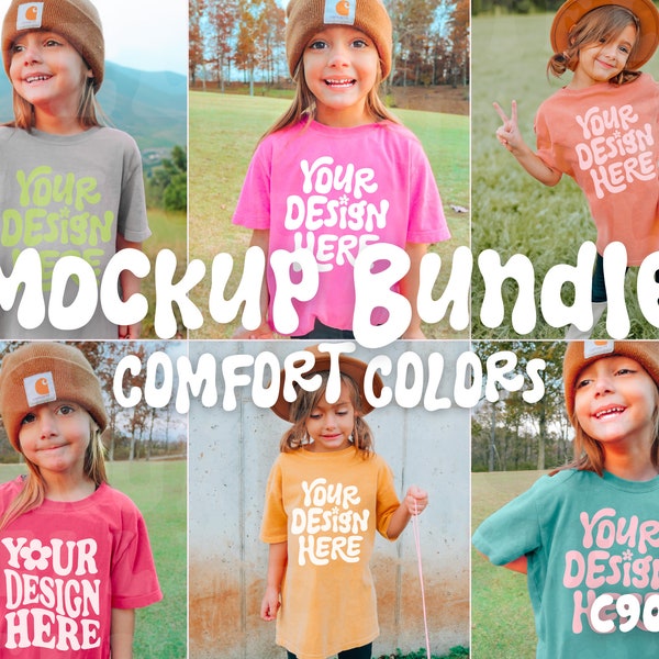 Kids Comfort Colors Bundle C9018 Youth T-Shirt Mockup Model | Graphite Neon Pink Terracotta Crimson Citrus Seafoam Oversized Girls Outdoor