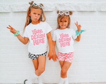 Kids Sibling White T-Shirt Mockup Models Toddler Little Girls Bella Canvas 3001Y 3001T Sister Family TShirt Mock up Child Shirt Friends Tee