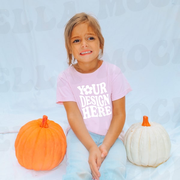 Kids Blossom Comfort Colors 9018 Fall T-Shirt Mockup Model Halloween Graphic SVG Shirt Mock up Baby Girls Tee Children Outdoor Youth Pink