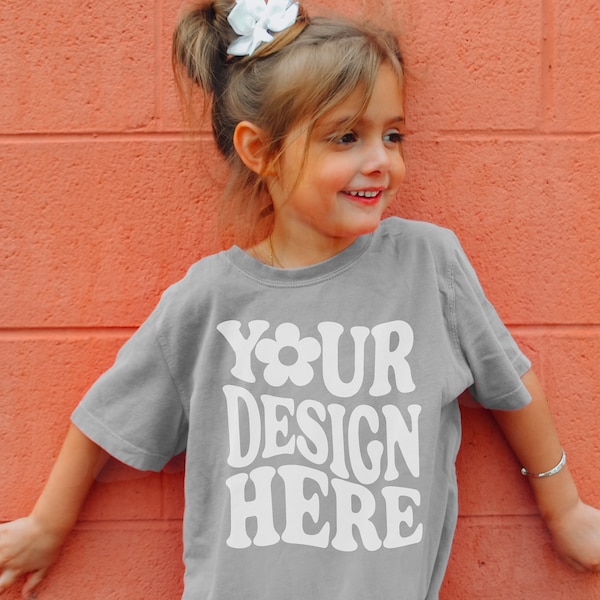 Kids Comfort Colors C9018 Youth Gray T-Shirt Mockup Model Toddler Girls Fall Trendy Oversized Grey TShirt Childs SVG Mock up Boho Outdoor