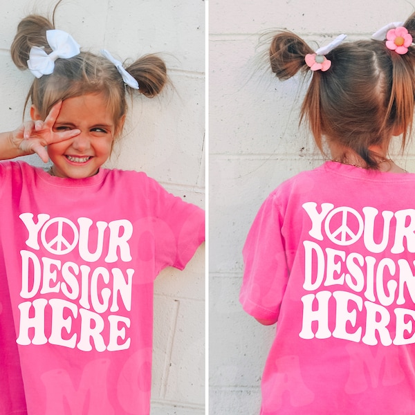 Kids Front & Back Comfort Colors C9018 Youth Crunchberry T-Shirt Mockup Model Bundle Oversized Girls Pink Toddler Shirt Outdoor SVG Mock up