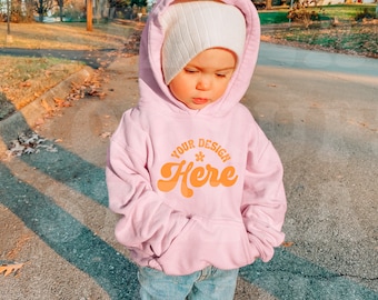 Kids Gildan 18500B Light Pink Hoodie Sweatshirt Mockup Model