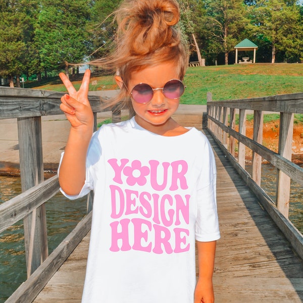 Kids Comfort Colors C9018 Youth White T-Shirt Mockup Model | Toddler Little Girl Trendy Oversized TShirt Childs SVG Mock up Lake Outdoor