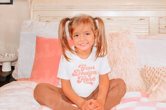 Kids 3001 Bella Canvas T-Shirt Mockup | Boho Model | Childs White Shirt SVG Mock up Toddler Graphic Tee | Boho Pink Aesthetic | 3001T
