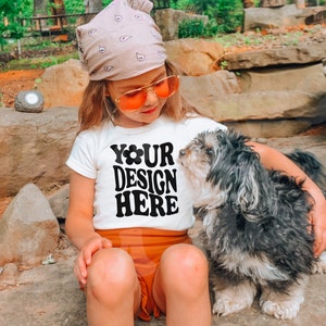 Toddler Bella Canvas 3001T White T-Shirt Mockup Model | Childs Shirt Mock up | Baby Tee | Kids Graphic T-Shirt Girls Outdoor Mockup Dog Pet