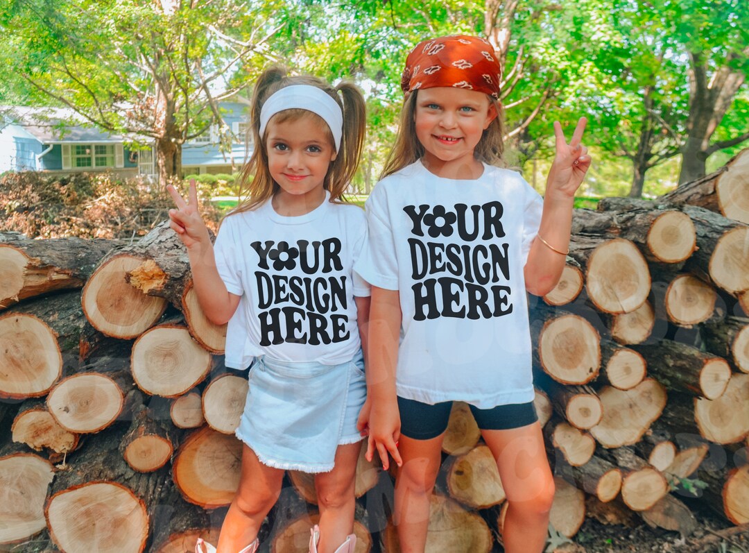Sibling Kids Gildan White T-shirt Mockup Models | Toddler Youth Girls