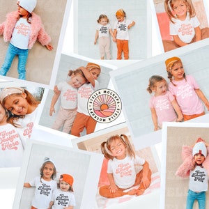 May include: A collection of photos featuring children wearing white, pink, and light blue t-shirts with the text "Your Design Here" printed on them. The photos are arranged in a collage style and have a vintage aesthetic.