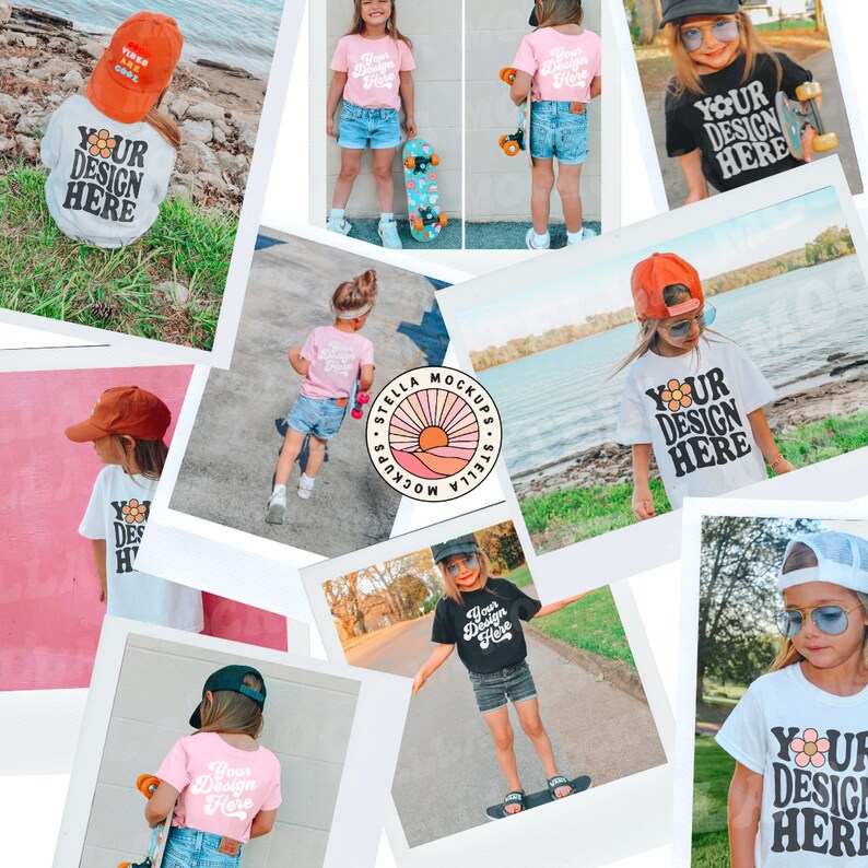 May include: A collection of mockups featuring children wearing various t-shirts with the text "Your Design Here". The mockups are displayed on a white background with a colourful sticker that says "Stella Mockups".