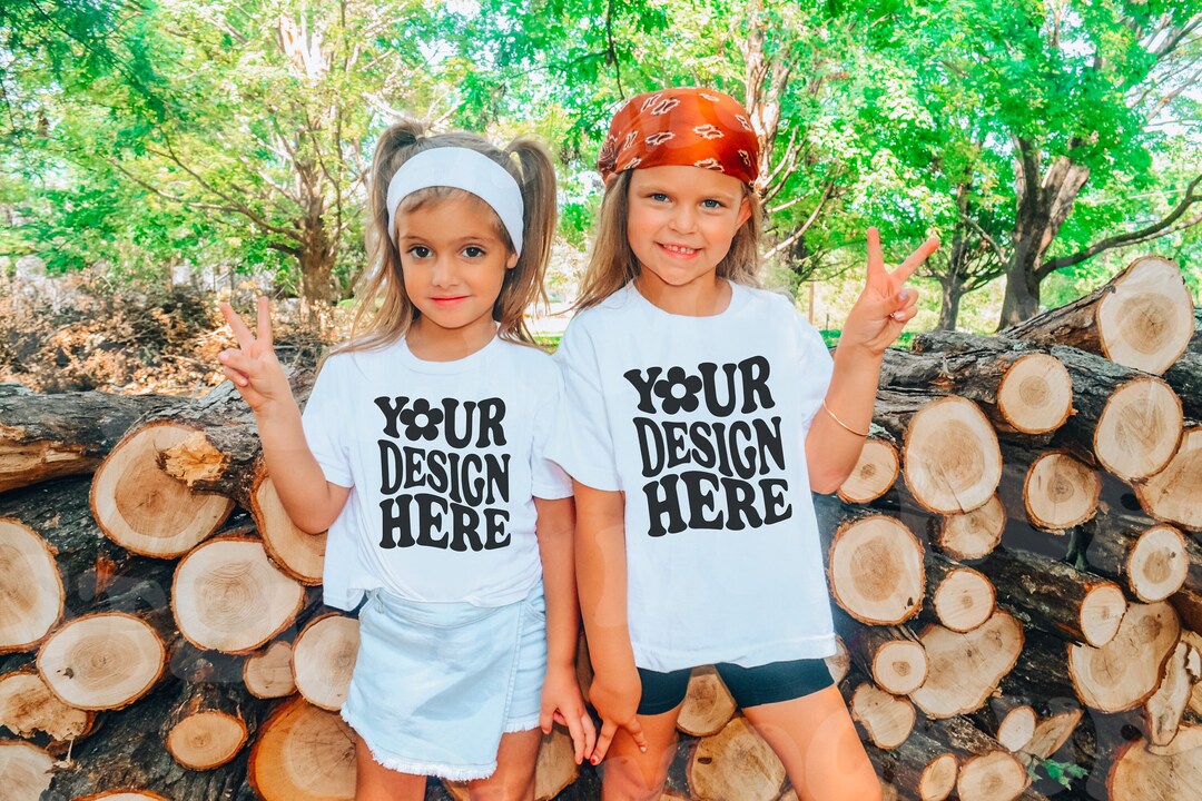Sibling Kids Gildan White T-shirt Mockup Models | Toddler Youth Girls
