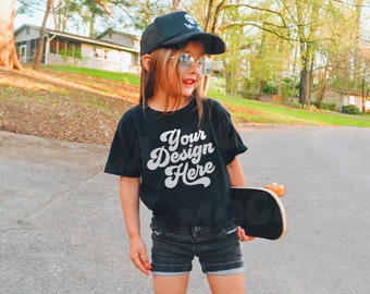 Kids Black Bella Canvas T-Shirt Mockup Model | Boho Childs Shirt Mock up | Baby Tee | Toddler Graphic T-Shirt | Girls Outdoor Mockup Tshirt