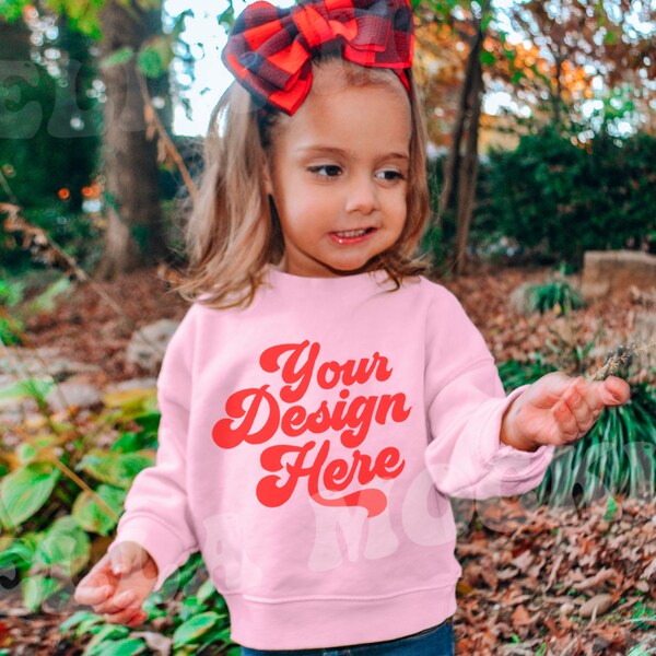 Rabbit Skins 3317 Toddler Pink Crewneck Sweatshirt Mockup Kids Model | Childs Boho Baby Pink Crew Neck Sweater | Girls Pullover Mock up