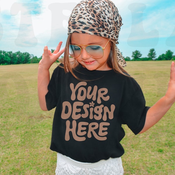 Kids Black Bella Canvas 3001T T-Shirt Mockup Model | Boho Childs Shirt Mock up | Baby Tee | Toddler SVG Graphic Girls Outdoor Mockup Tshirt