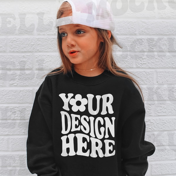 Kids 18000B Black Crewneck Sweatshirt Mockup Model | Childs Outdoor Crew Sweater SVG Sublimation Mock up Trendy Baby Girl Youth POD Printify