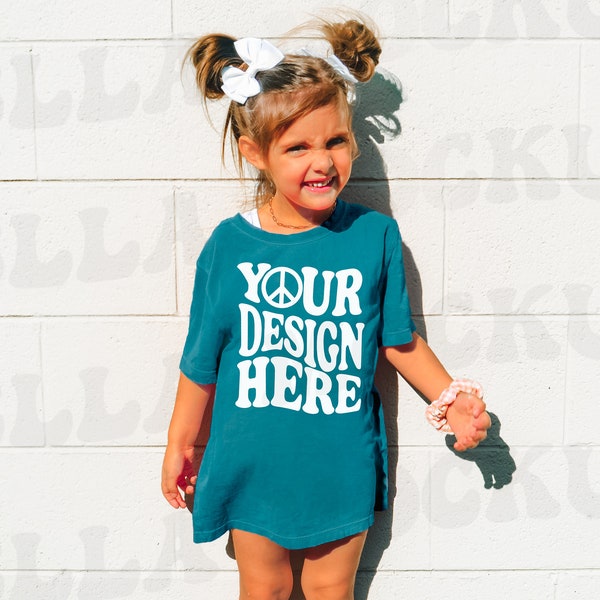 Kids Comfort Colors C9018 Youth Topaz T-Shirt Mockup Model Toddler Girl Trendy Oversized Blue Teal TShirt Childs SVG Mock up Boho Outdoor