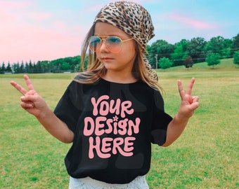 Kids Black Bella Canvas 3001T T-Shirt Mockup Model | Boho Childs Shirt Mock up | Baby Tee | Toddler SVG Graphic Girls Outdoor Mockup Tshirt