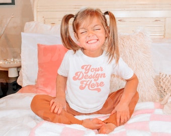 Kids 3001 Bella Canvas T-Shirt Mockup | Boho Model | Childs White Shirt SVG Mock up Toddler Graphic Tee | Boho Pink Aesthetic | 3001T