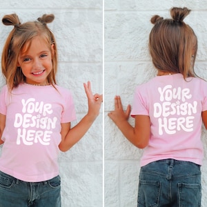 Maqueta de camiseta de lona Bella 3001Y para niños, modelo frontal y posterior, maqueta de camiseta para niños, maqueta de camiseta gráfica en blanco para niñas pequeñas, maqueta para exteriores