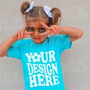 Kids Comfort Colors C9018 Youth Lagoon Blue T-Shirt Mockup Model | Toddler Girl Trendy Blue Navy TShirt Childs Mock up Shirt | Boho Children