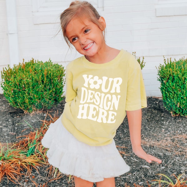 Kids Comfort Colors C9018 Youth Butter T-Shirt Mockup Model Toddler Girls Oversized Yellow TShirt Childrens SVG Mock up Boho Outdoor Tee