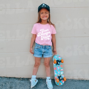 Kids Pink Bella Canvas T-Shirt Mockup Model | Boho Childs Shirt Mock up | Baby Tee | Toddler Graphic T-Shirt | Girls Outdoor Mockup Tshirt