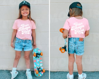 Kids Front & Back Pink Bella Canvas T-Shirt Mockup Model Bundle | Trendy Toddler Shirt Mock up | Graphic Tee | Girls Outdoor SVG TShirt Mock