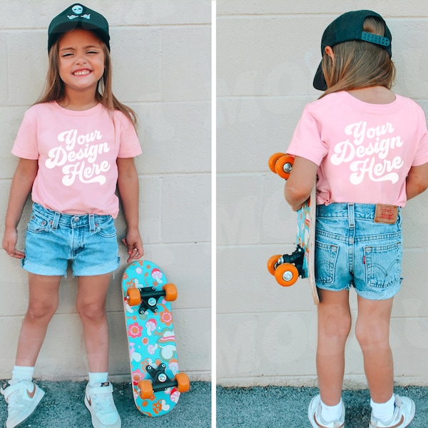 Kids Front & Back Pink Bella Canvas T-Shirt Mockup Model Bundle | Trendy Toddler Shirt Mock up | Graphic Tee | Girls Outdoor SVG TShirt Mock