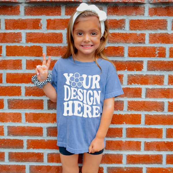 Kids Comfort Colors C9018 Youth Washed Denim T-Shirt Mockup Model | Toddler Girl Trendy Blue TShirt Childs Mock up Shirt | Boho Outdoor Baby