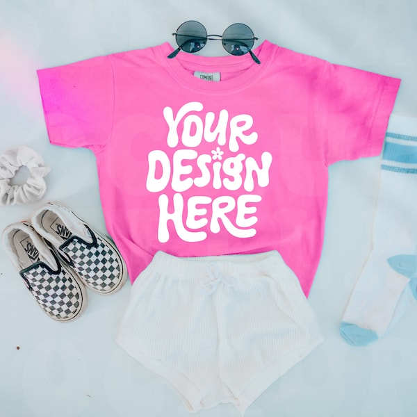 Kids Comfort Colors C9018 Neon Pink  T-Shirt Flatlay Mockup Little Girls TShirt Mock up Black Toddler Tee Flat lay Outfit SVG Mockup Model