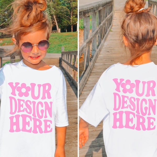 Kids Comfort Colors C9018 Delantero y trasero Blanco Juvenil Camiseta de gran tamaño Maqueta Modelo Paquete Niñas al aire libre SVG Camiseta gráfica Camiseta Mock up