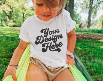 Kids White T-Shirt Mockup Model | Childs Boho Toddler Shirt Mock up | Trendy Baby Graphic Tee | Outdoor Mockup | Girls SVG TShirt Mockup