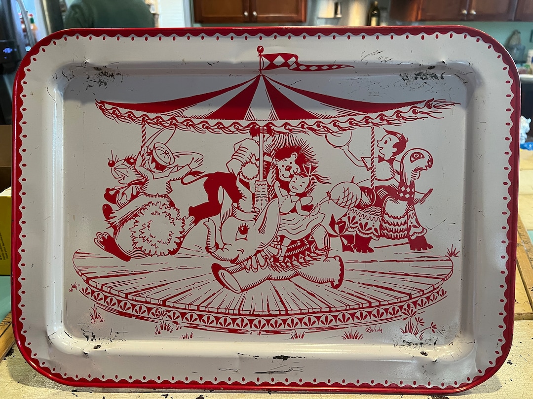Vintage Lavada Tin Childrens Tv Tray Lap Tray Circus Merry Go Round Red