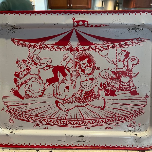 Vintage LaVada tin childrens tv tray lap tray circus merry go round red white