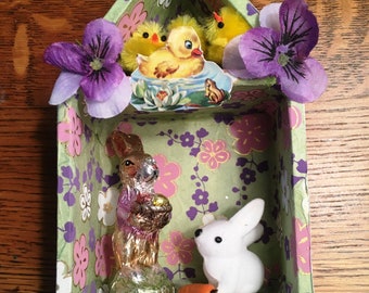 Easter decor, Spring  decor, Easter bunny, Easter rabbit, chenille chicks,  shadow box, collage, diorama, sweet, one of a kind, unique