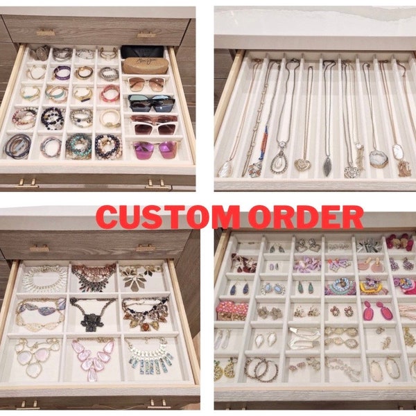 Custom size trays -USA made Jewelry Organizer handmade Stackable drawer insert, wood & velvet jewelry tray.Must contact us first !!