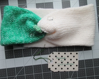 Green / white twist knit headband / ear warmers