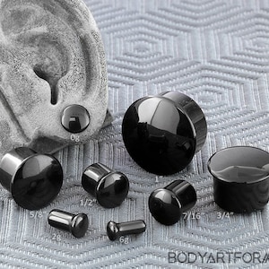 Single Flare Black Glass Plugs 6g, 4g, 2g, 1g, 0g, 10mm, 7/16&quot;, 1/2&quot; (Sold as pairs)
