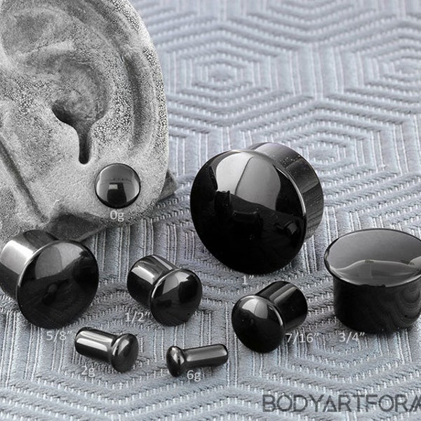 Single Flare Black Glass Plugs 6g, 4g, 2g, 1g, 0g, 10mm, 7/16", 1/2" (Sold as pairs)