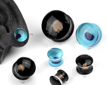 Double Flare Glass and Floating Goldstone Plugs  00g/10mm, 7/16", 1/2", 5/8", 3/4", 1" :