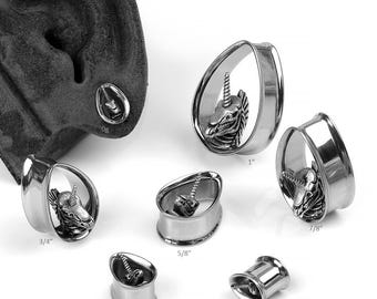 Double Flare Steel Unicorn Skull Teardrop Eyelets, 0g, 00g/9mm, 00g/10mm, 7/16", 1/2", 9/16", 5/8", 3/4", 7/8", 1" (Sold as pairs) :